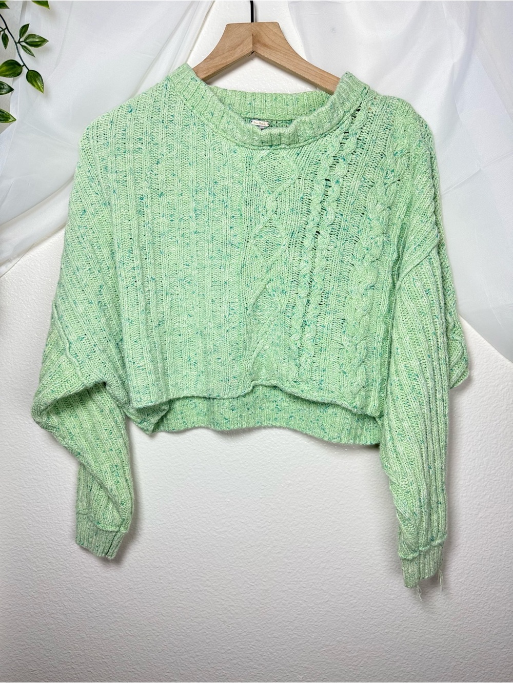 Free People On Your Side Pullover Mint Green Cable Knit Cropped Sweater